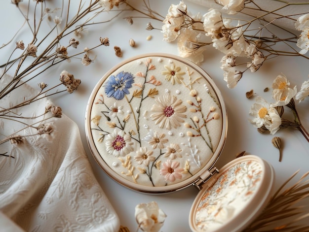 Ręcznie haftowany kwiat na kremowym tle